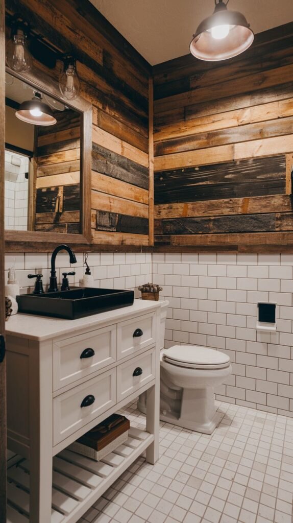 High-contrast rustic powder room with an accent wall of dark, horizontal reclaimed wood planks, a white vanity, a black vessel sink, and white subway tile wainscoting.