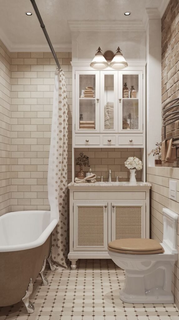 Vintage rustic full bath with a freestanding bronze clawfoot tub, beige subway tile walls, exposed red brick accent, patterned floor tiles, and a white hutch vanity with glass and cane-weave doors.