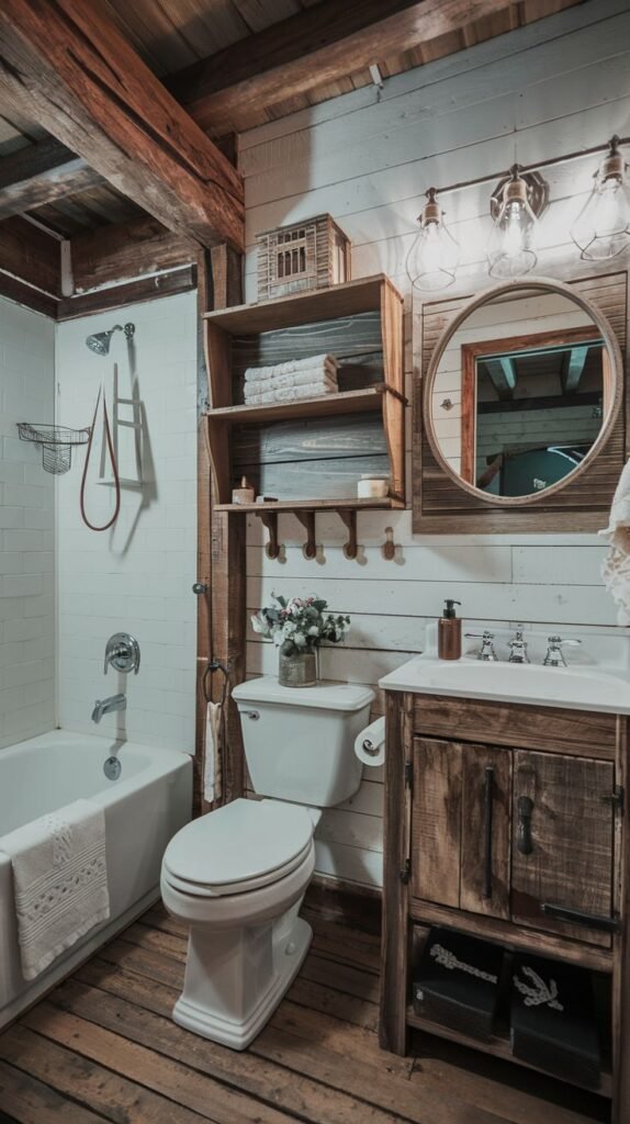 Cabin-style full bath featuring wide plank wood flooring, white shiplap walls, dark exposed ceiling beams, a rustic wood vanity, and open modular shelving with hooks above the toilet.