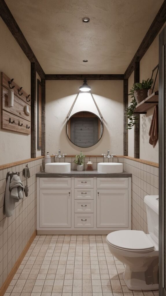 Narrow rustic bathroom with a white double vanity and twin vessel sinks, framed by dark exposed wooden beams, pale subway tile wainscoting, and large format tiled flooring.