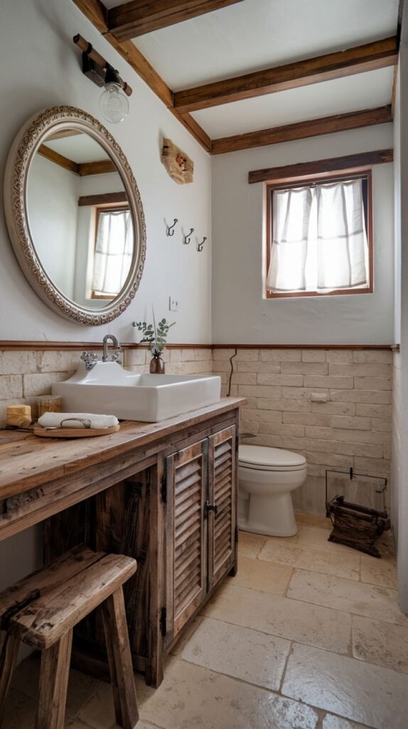 Rustic bathroom with an extended rough wood countertop supporting a white vessel sink, louvered wood cabinet doors, dark ceiling beams, and light brick wainscoting.