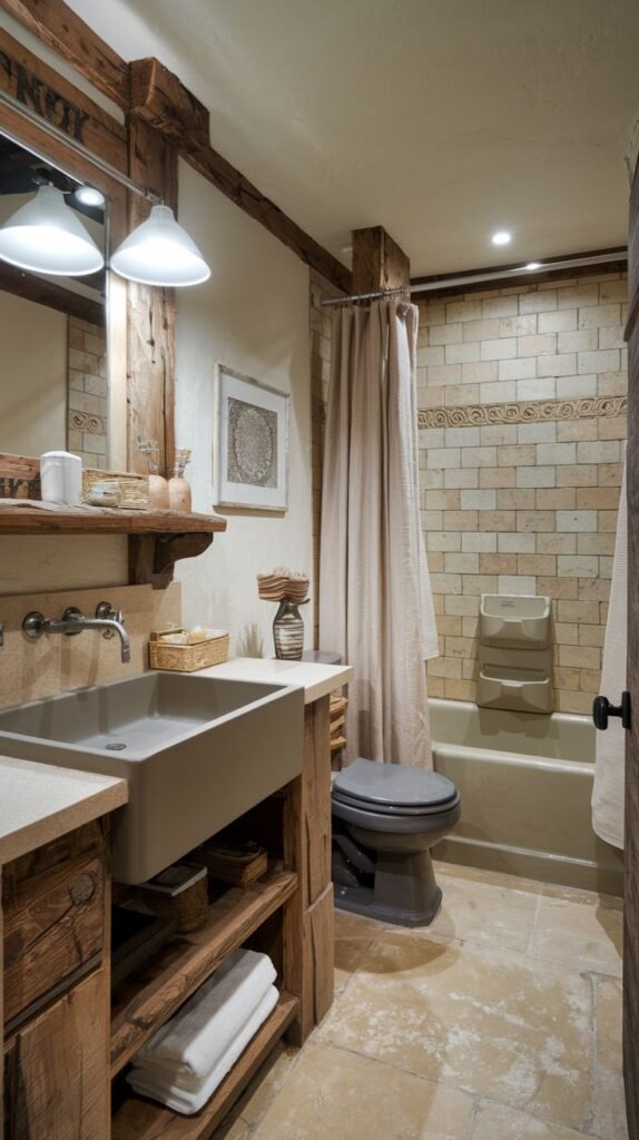 Rustic full bath defined by heavy rough timber framing, warm stone flooring, and a beige brick-tiled tub enclosure. The vanity area features a gray trough sink over open wood shelving.