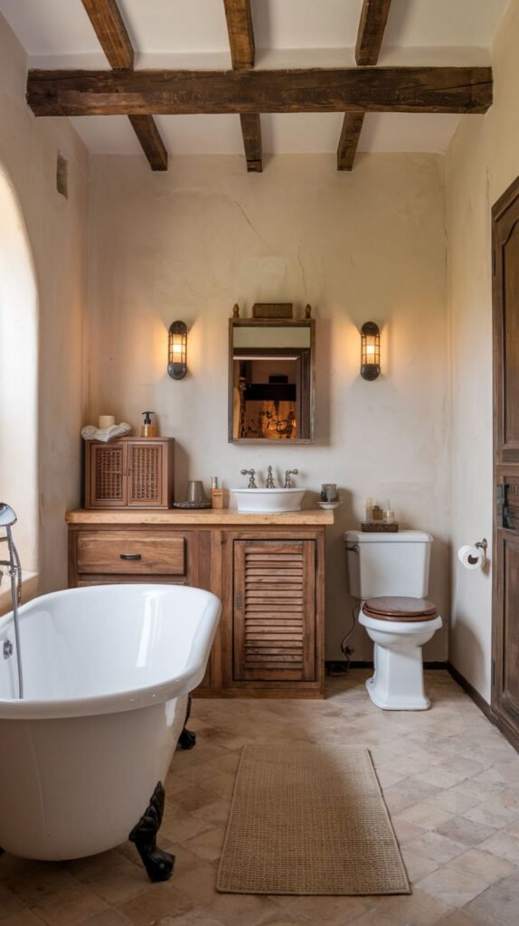 Rustic bathroom with a white clawfoot tub, prominent dark exposed ceiling beams, warm stucco walls, a wooden louvered vanity cabinet, and terracotta-toned square floor tiles.