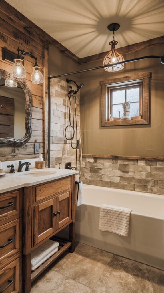 Rustic full bath featuring dark wood plank walls, a unique mirror with a rough wood frame, a mid-toned wood vanity, and a tub area tiled with light stacked stone below a wood-framed window.