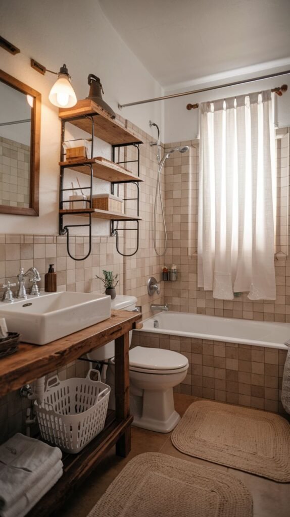 Rustic full bath with a wood slab vanity countertop, a white vessel sink, an industrial black metal shelving unit over the toilet, and a tub enclosure tiled with medium neutral square tiles.