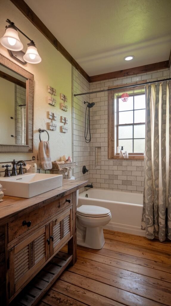 Rustic full bath featuring wide, distressed wood plank flooring, a louvered wood vanity, a white vessel sink, and a tub area tiled with white subway tiles and dark exposed ceiling beams.