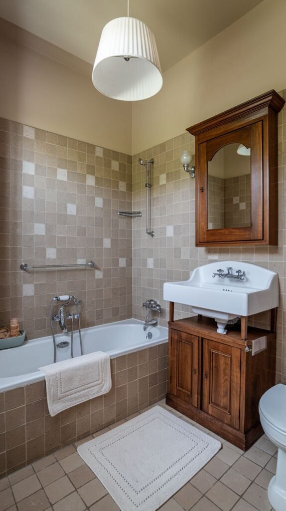 Traditional rustic bathroom featuring a pedestal sink integrated into a dark wood cabinet base, an arched wood medicine cabinet, and a tub enclosure tiled with brown and white checkerboard square tiles.