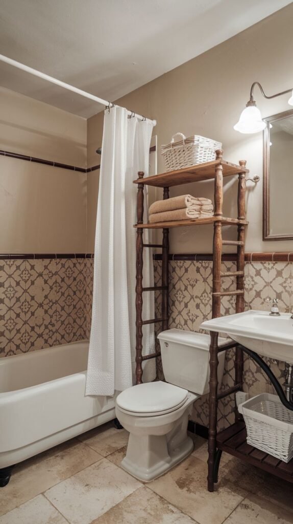 Rustic full bath with a dark wood ladder-style shelving unit over the toilet, a tub surround tiled with beige decorative patterned tiles, and light stone-look flooring.