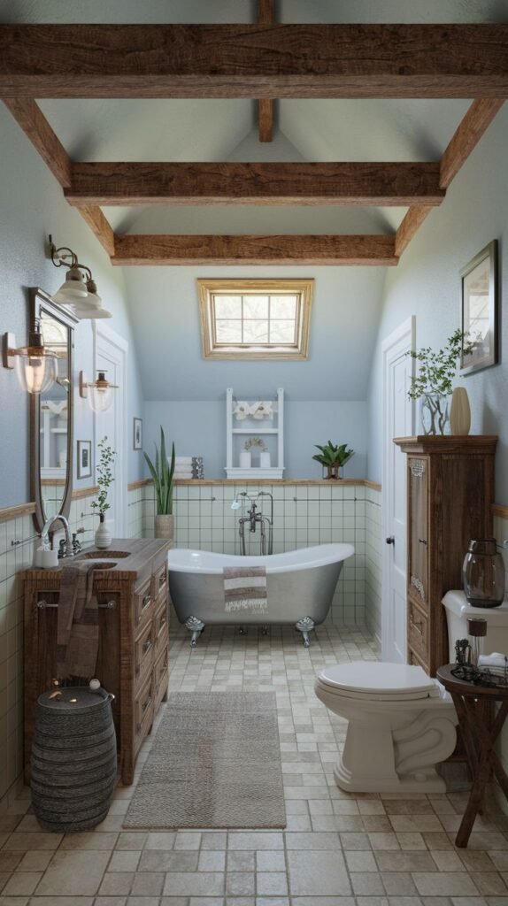 Rustic vaulted bathroom with pale blue walls, heavy dark ceiling beams, a silver freestanding tub beneath a skylight, a dark rustic wood vanity, and light square floor tiles.