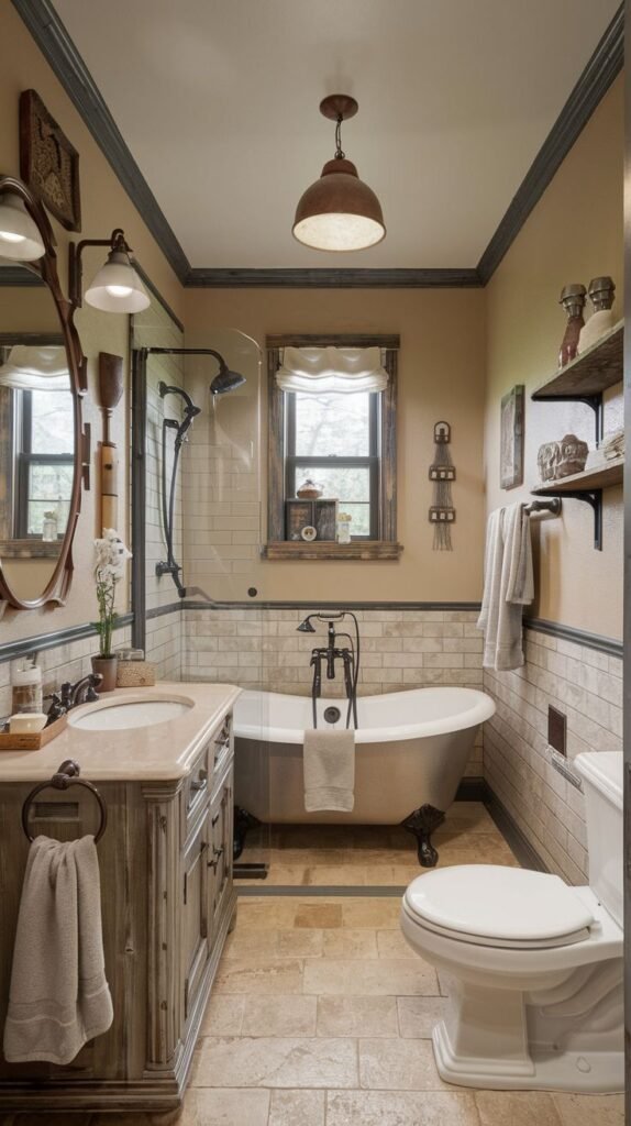 Rustic full bath featuring a distressed grey wood vanity, an antique white clawfoot tub, light rectangular wall tiles, and a small fixed glass shower screen.