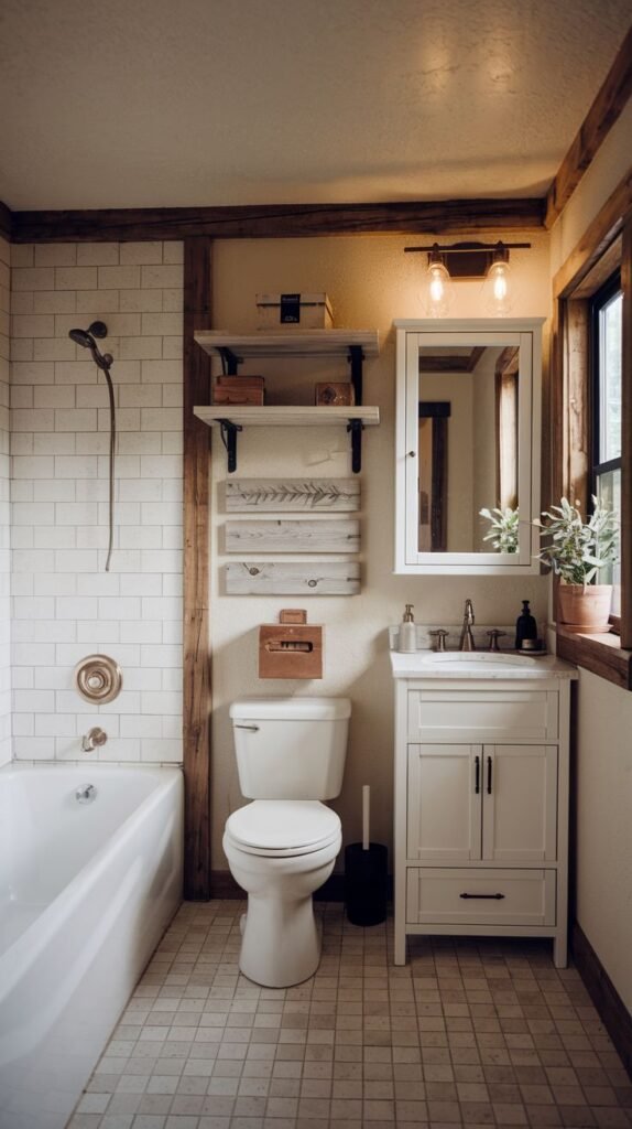 Bright rustic full bath featuring white fixtures and subway tile, contrasted by a thick vertical rustic wood beam, white floating shelves over the toilet, and light-toned square floor tiles.