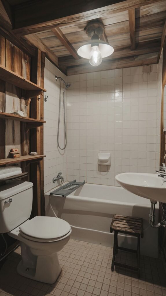Highly rustic bathroom featuring rough wood plank walls and ceiling, a white square tile tub surround, built-in wooden open shelving next to the toilet, and a white wall-mounted sink.