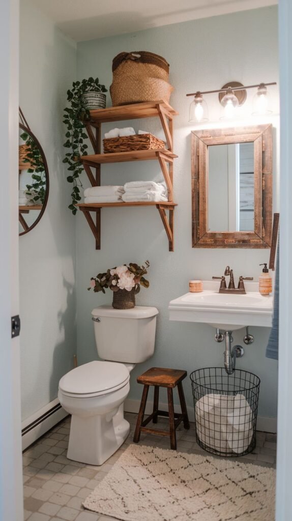 Light farmhouse rustic bathroom with pale blue walls, a white sink, a rustic wood-framed mirror, and tiered natural wood floating shelves above the toilet.