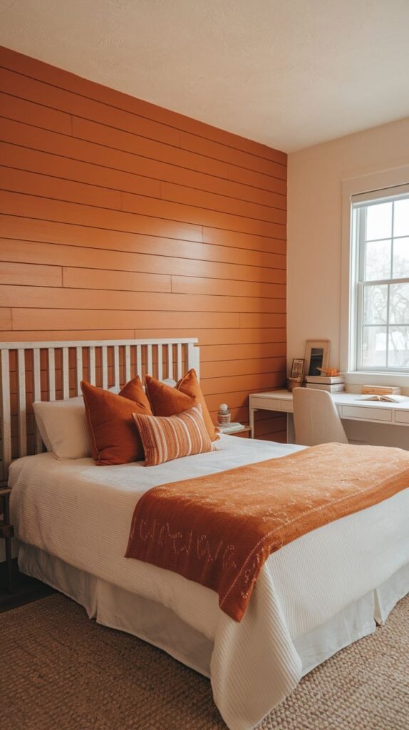 A cozy bedroom featuring a white spindle headboard and orange bedding set against a bold terracotta horizontal shiplap accent wall. A white desk is visible near the window.