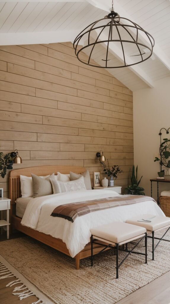 A bright, airy bedroom with a vaulted ceiling, showcasing a bed against a tall accent wall covered in natural light wood horizontal shiplap.