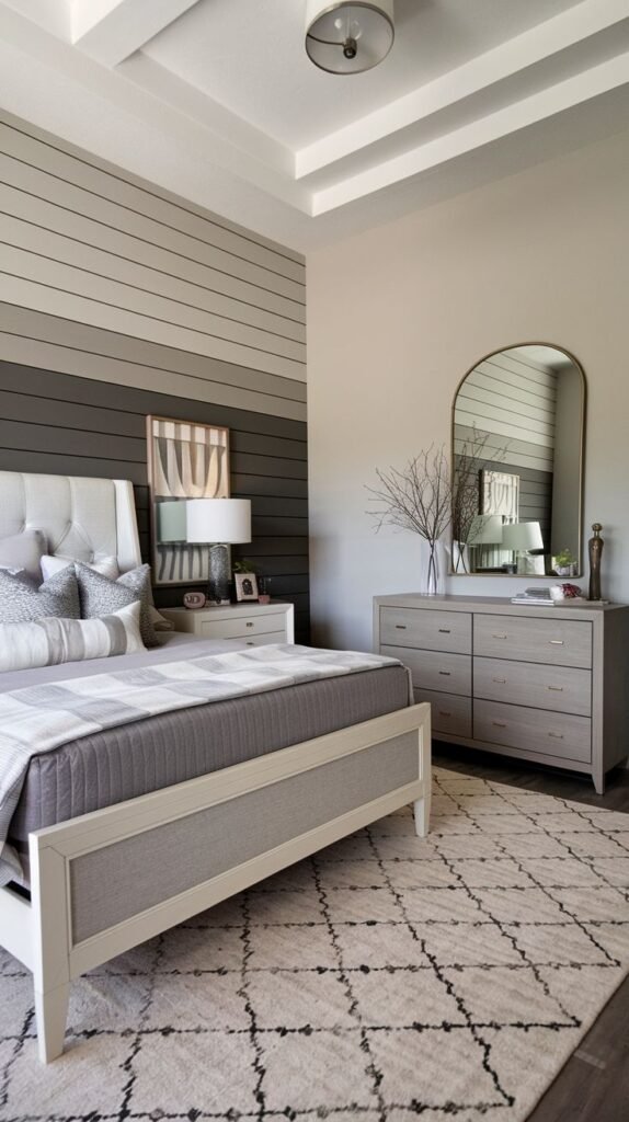 A modern bedroom with a tray ceiling and a gray upholstered bed, featuring a horizontal shiplap wall where the planks are painted in varying shades of gray to create a banded effect.
