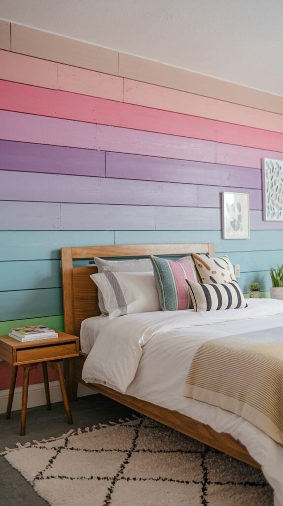 A bright, playful bedroom featuring a wood bed frame set against a striking horizontal shiplap wall painted in a rainbow gradient of pastel colors.