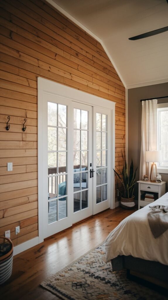 A rustic bedroom with wood flooring where an entire wall is covered in natural wood horizontal shiplap, surrounding a set of white grid-paned French doors.