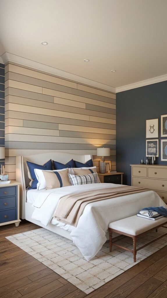 A nautical-inspired bedroom with dark blue painted side walls, featuring a headboard wall covered in horizontal shiplap planks that alternate between natural wood tones, gray, and light tan.