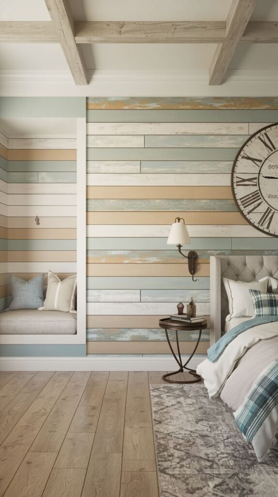 A rustic, coastal bedroom with ceiling beams, featuring a horizontal shiplap wall finished in distressed pastel colors (blue, tan, and white), incorporating a built-in window seat.