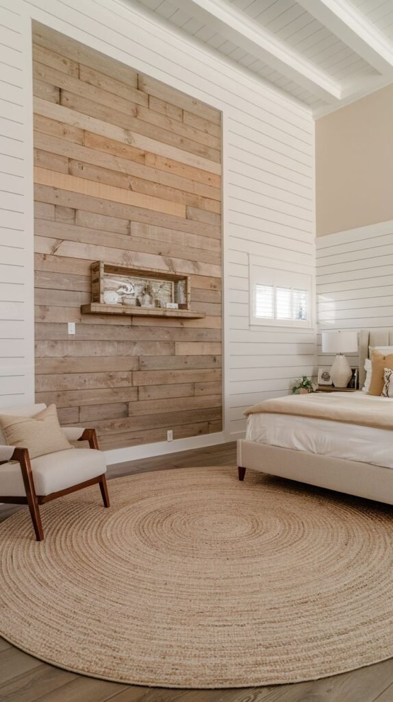 A large, open bedroom where the walls are covered in white horizontal shiplap, surrounding a central, recessed accent section of rough, natural reclaimed wood shiplap.