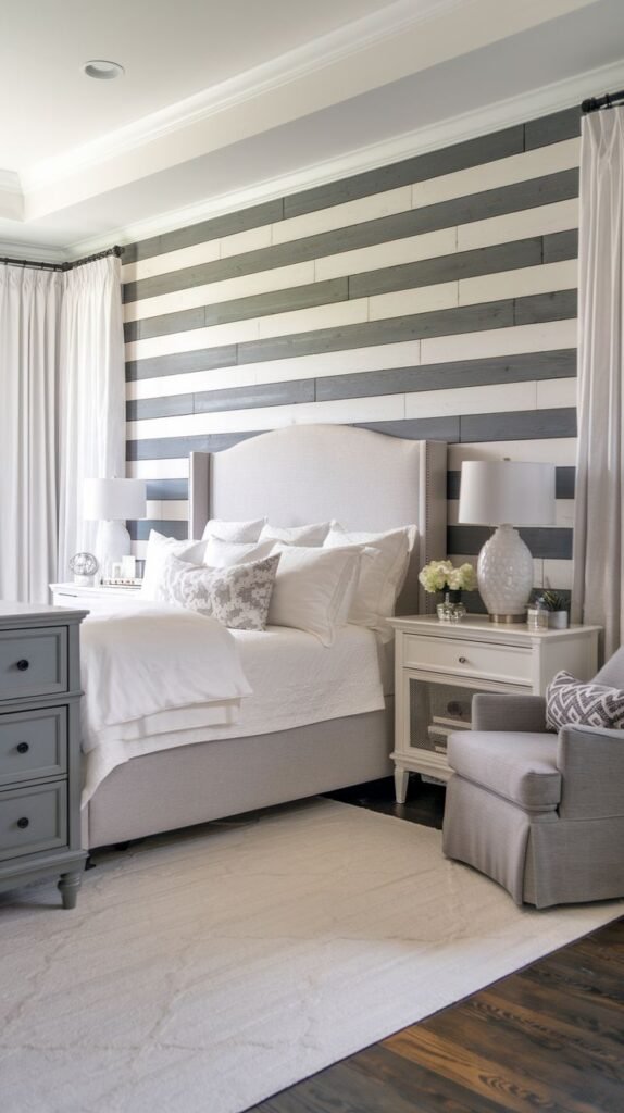 An elegant master bedroom with a white upholstered bed set against an accent wall featuring bold, wide horizontal stripes of white and dark gray shiplap.