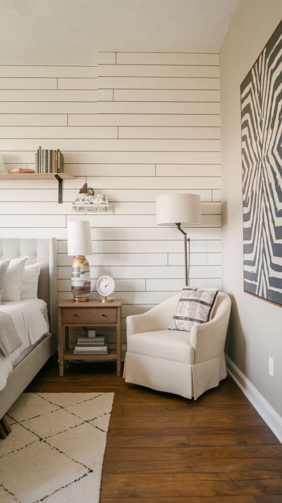 A neutral bedroom corner showing white/light beige horizontal shiplap installed with varied lengths to create texture, which wraps around the corner onto the adjacent wall.