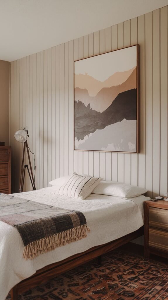A simple bedroom featuring a wood frame bed and a large abstract mountain artwork hanging on a pale, neutral vertical shiplap/paneling accent wall.