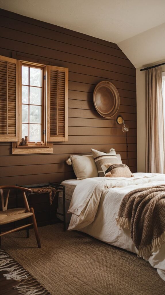 A rustic, cabin-style bedroom with natural fiber textures, showcasing dark brown horizontal shiplap walls and natural wood shutters on the window.
