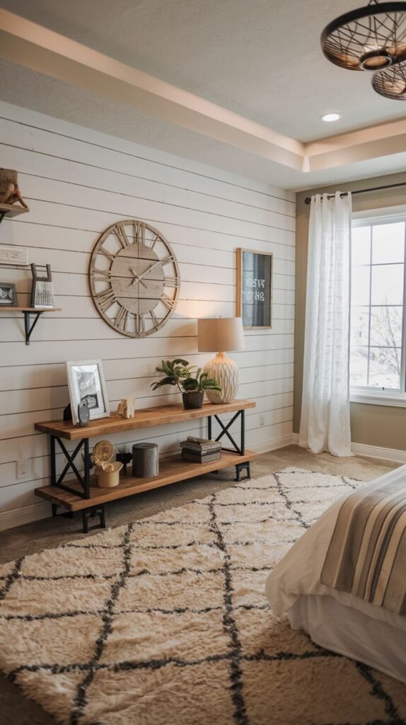 A farmhouse-style bedroom view showing a large industrial clock and a low console table against a white, horizontal shiplap wall that has a slightly distressed or weathered look.