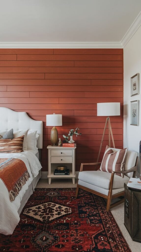 A bedroom featuring a white upholstered headboard and light-colored nightstand set against a deep russet or burnt orange horizontal shiplap accent wall.