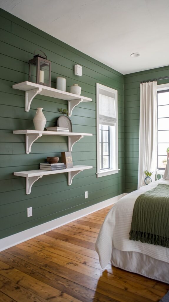 A corner view of a bedroom with warm wood floors, demonstrating forest green horizontal shiplap walls with three white floating shelves mounted upon them.