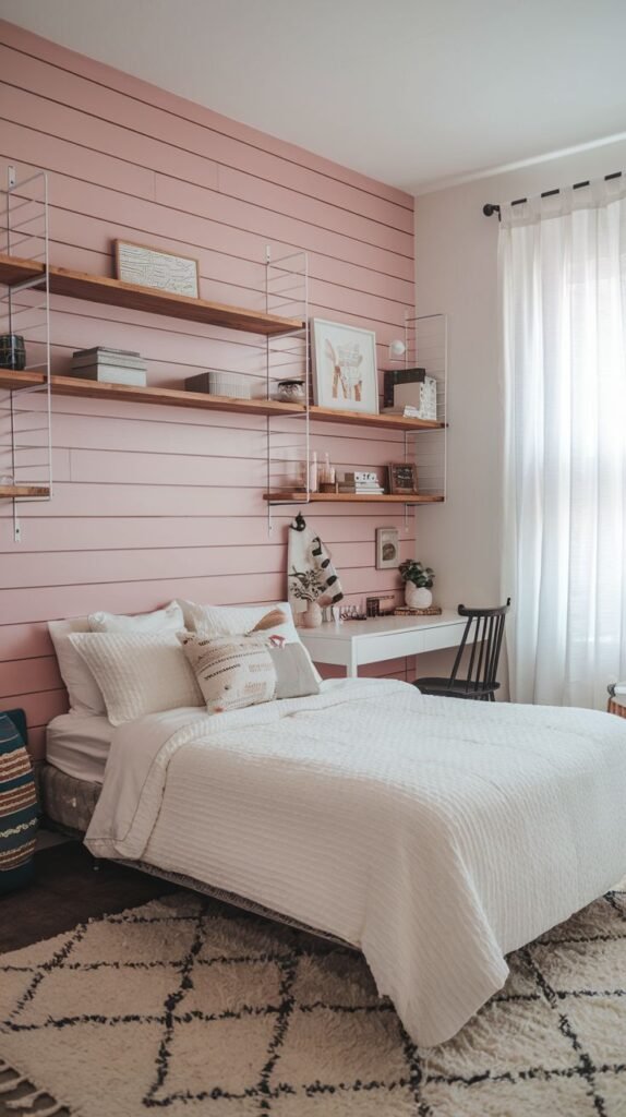 A modern bedroom featuring a minimalist metal and wood shelving system mounted over a bed against a background of pastel pink horizontal shiplap.