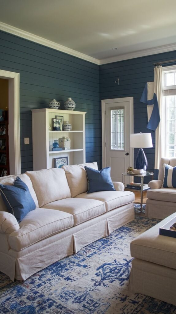 A room where the walls are covered in deep navy blue horizontal shiplap, contrasting with white crown molding and white furniture.