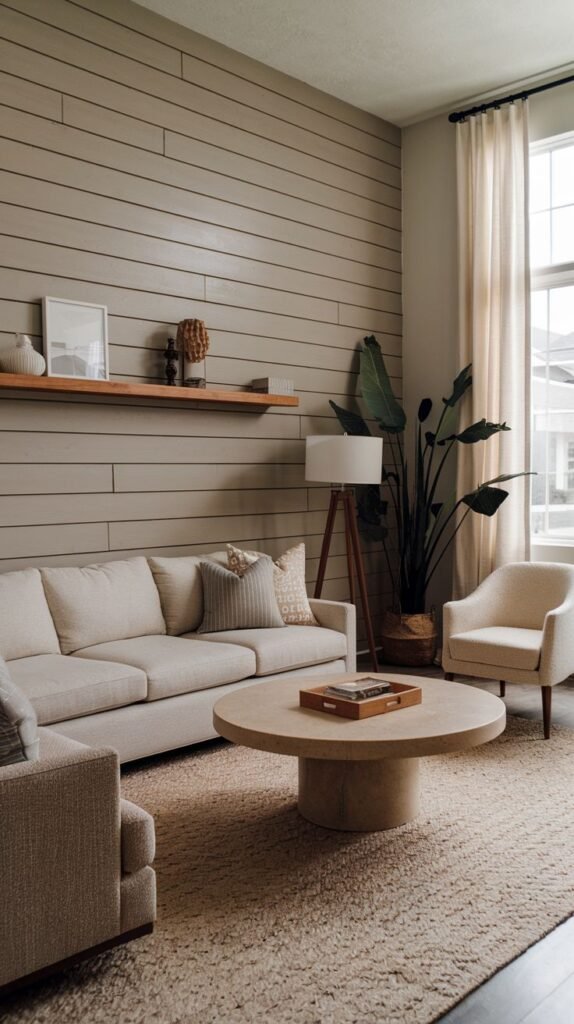 A contemporary living room featuring a horizontal shiplap accent wall painted a neutral greige or light taupe, adorned with a simple wooden floating shelf.