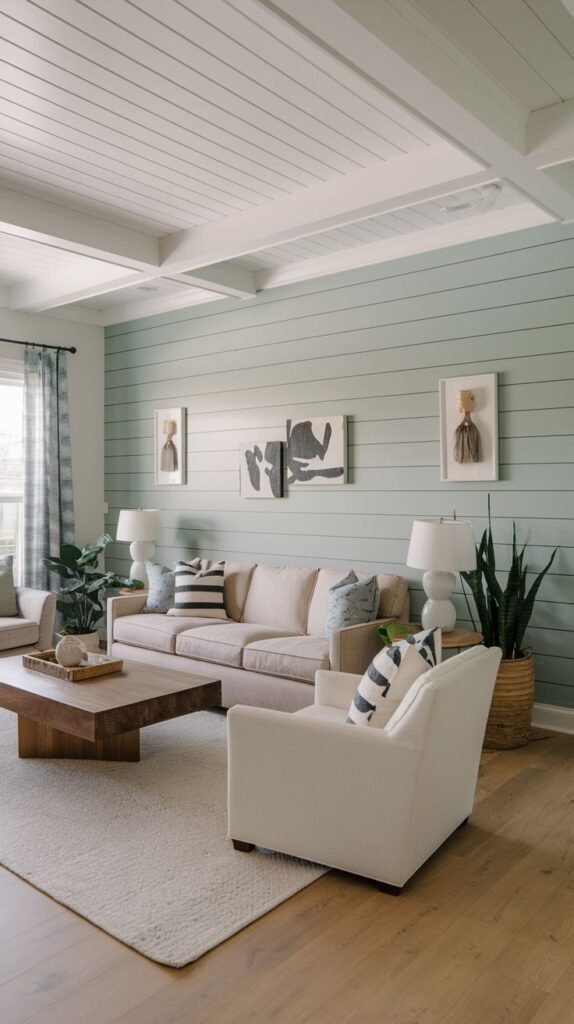 Living room with a mint green horizontal shiplap accent wall, light beige seating, a square wooden coffee table, and large potted plants. The ceiling features white shiplap planks and white beams.