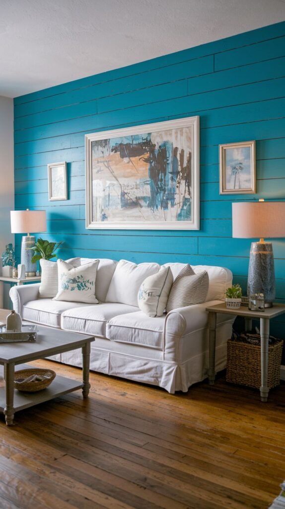 A white slipcovered sofa sits against a wall of vibrant teal horizontal shiplap. Artwork hangs above the sofa, flanked by large table lamps and dark wood flooring.