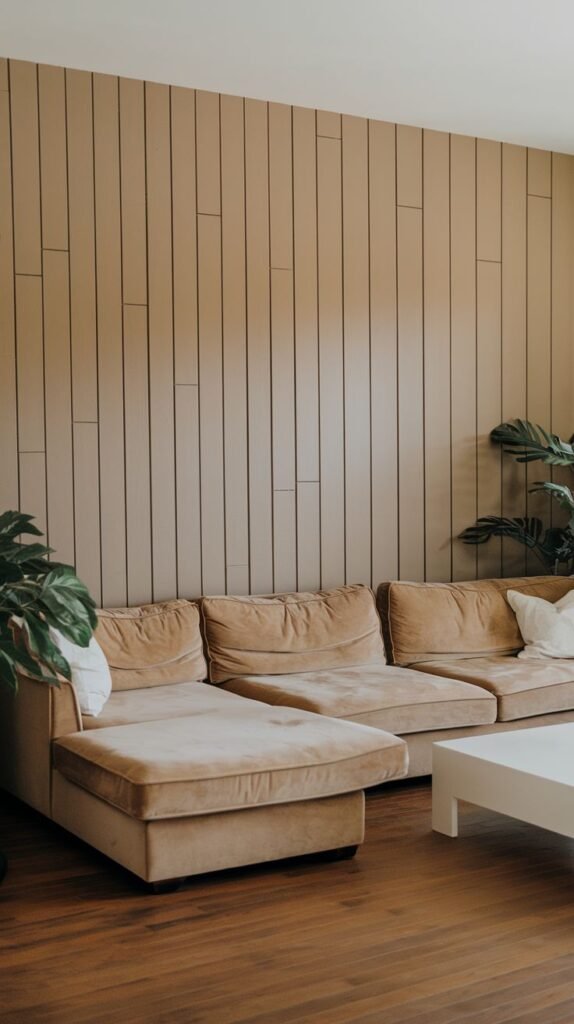 A living space featuring a tall wall covered in vertical wood paneling (or shiplap) painted in a warm beige or tan color, behind a large tan velvet sectional sofa.
