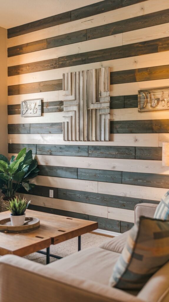 A rustic accent wall made of horizontal planks that alternate between white/light wood and dark stained wood (teal/dark blue tint). A central square piece of geometric white wood art hangs above a sofa.