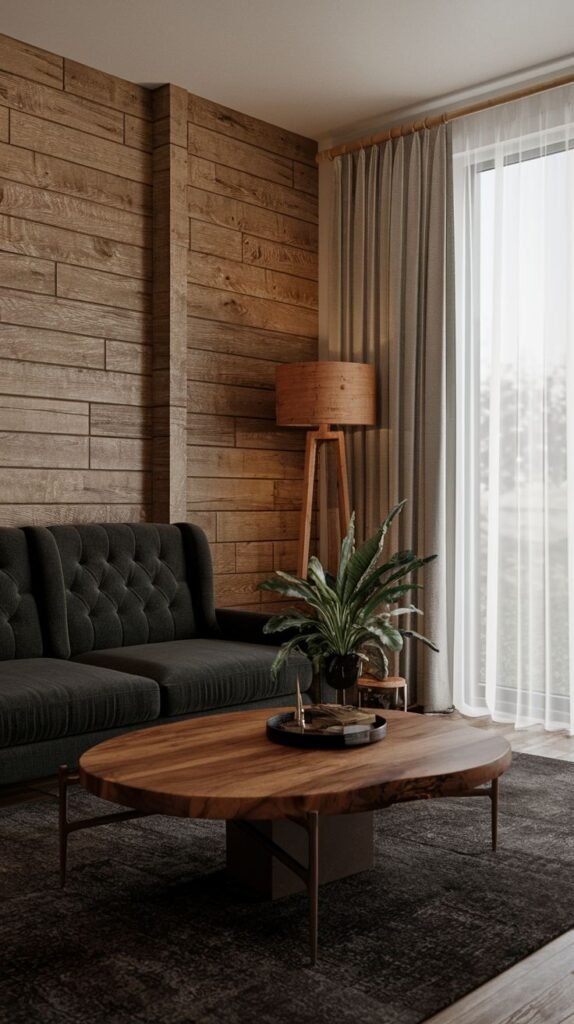An interior corner featuring a richly textured medium brown wood horizontal shiplap accent wall, a dark gray tufted sofa, and a large organic-shaped wooden coffee table.