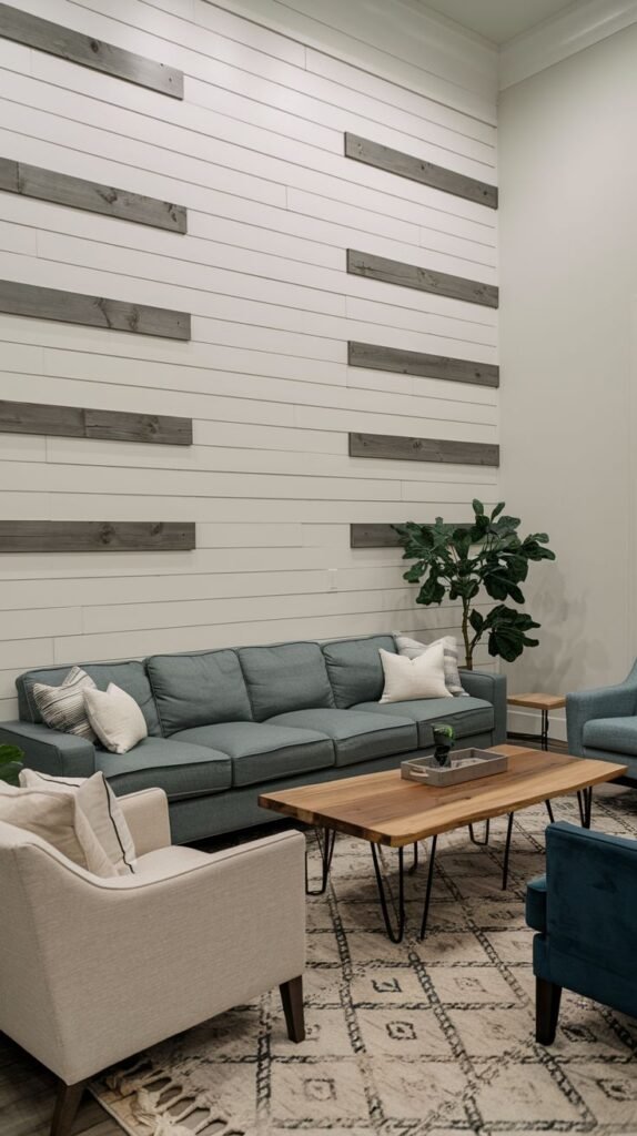A very tall white horizontal shiplap wall decorated with several short, horizontal sections of gray-stained wood planks arranged in symmetrical columns.