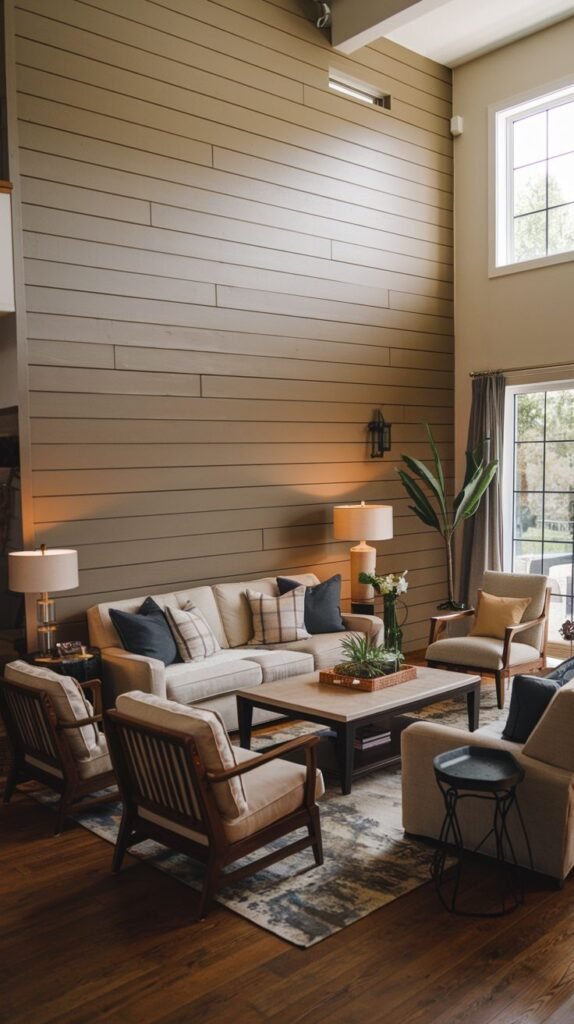 A two-story living room featuring an expansive, floor-to-ceiling accent wall of warm taupe horizontal shiplap, illuminated by sconces above a neutral sofa grouping.