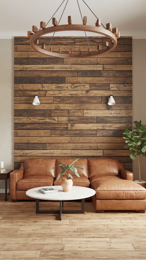 A framed section of horizontal, dark brown, rustic wood shiplap creates a feature wall behind a cognac leather sectional sofa. A large circular wooden chandelier hangs from the ceiling.