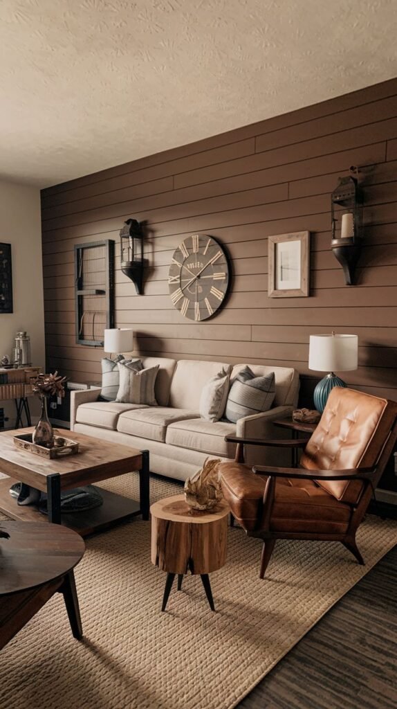 A dark, rich espresso brown horizontal shiplap wall serves as the backdrop for a farmhouse-style living room, featuring a large circular clock and antique-style lanterns.