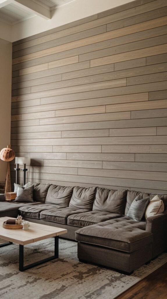 A wide-plank horizontal shiplap wall finished in a weathered gray-brown tone, behind a large gray sectional sofa.