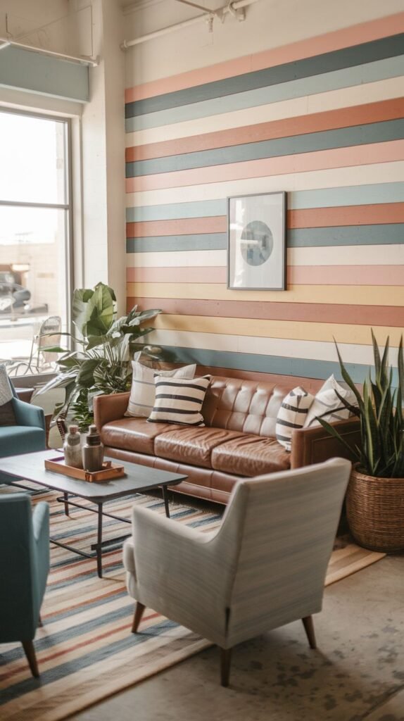 A wall featuring horizontal shiplap planks painted in multiple muted colors, including coral, blue, pink, and yellow stripes, serving as a bright backdrop to a brown leather sofa.