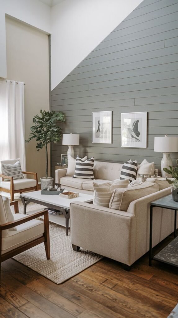 A high-ceilinged room where a gray-green horizontal shiplap wall meets the upper white wall area in a sharp diagonal line.