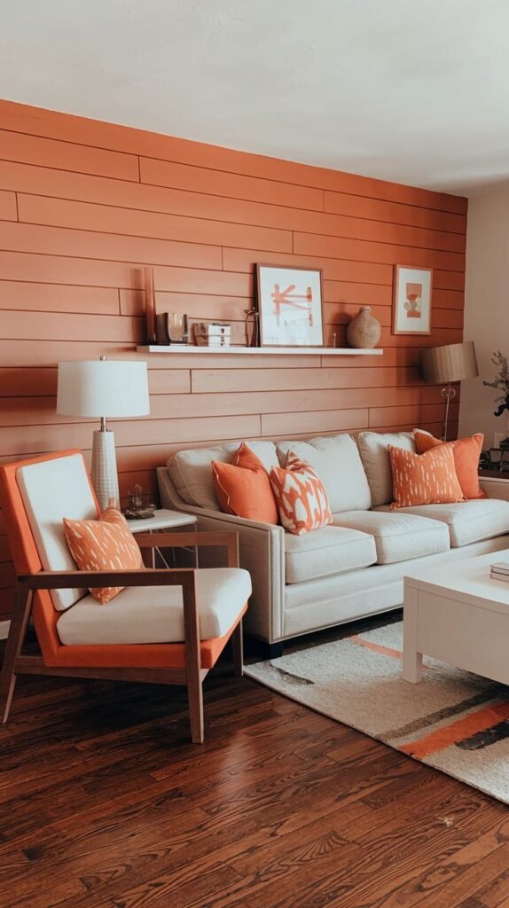 A cozy living room with a prominent horizontal shiplap wall painted in a warm terracotta or burnt orange color, featuring a low white floating shelf.