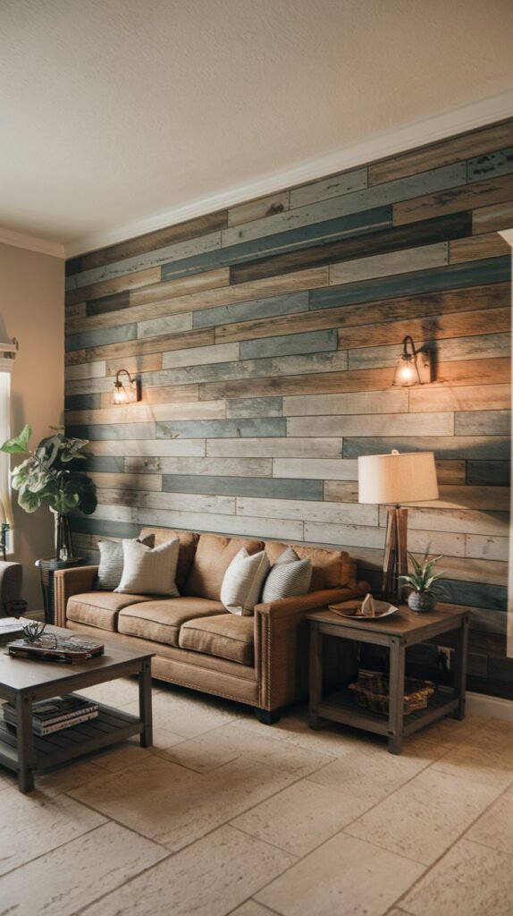 A rustic living room featuring a horizontal shiplap accent wall composed of reclaimed wood planks in mixed tones of weathered blue, gray, and brown.