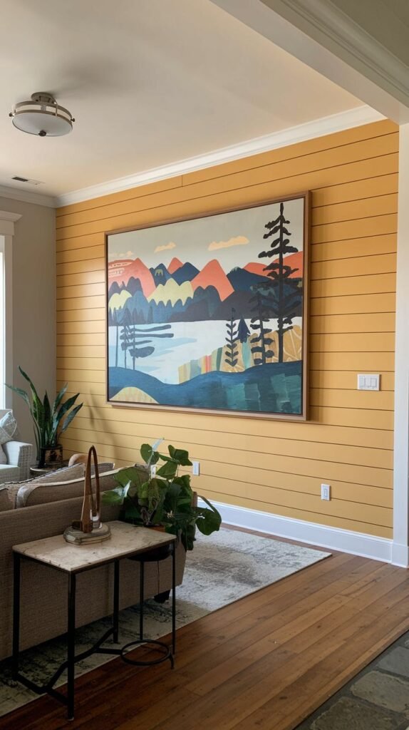 A living room entrance featuring a wall of horizontal shiplap painted in a bright mustard yellow, overlaid by a large, colorful framed landscape artwork.